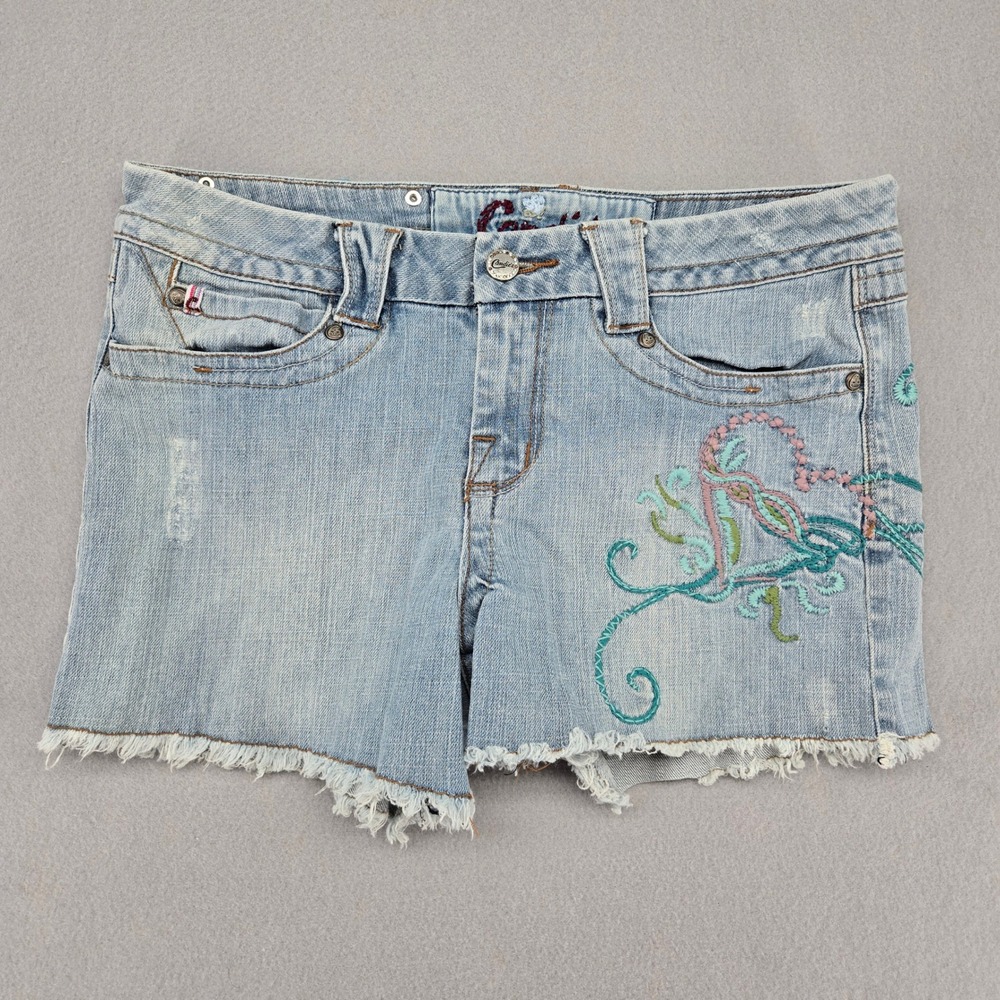 Candie's Embroidered Denim Cutoff Shorts Low Rise Frayed Boho Jean Shorts Y2K
